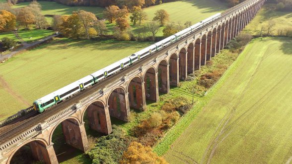 Southern train going over the Ouse Valley Viaduct in Sussex.