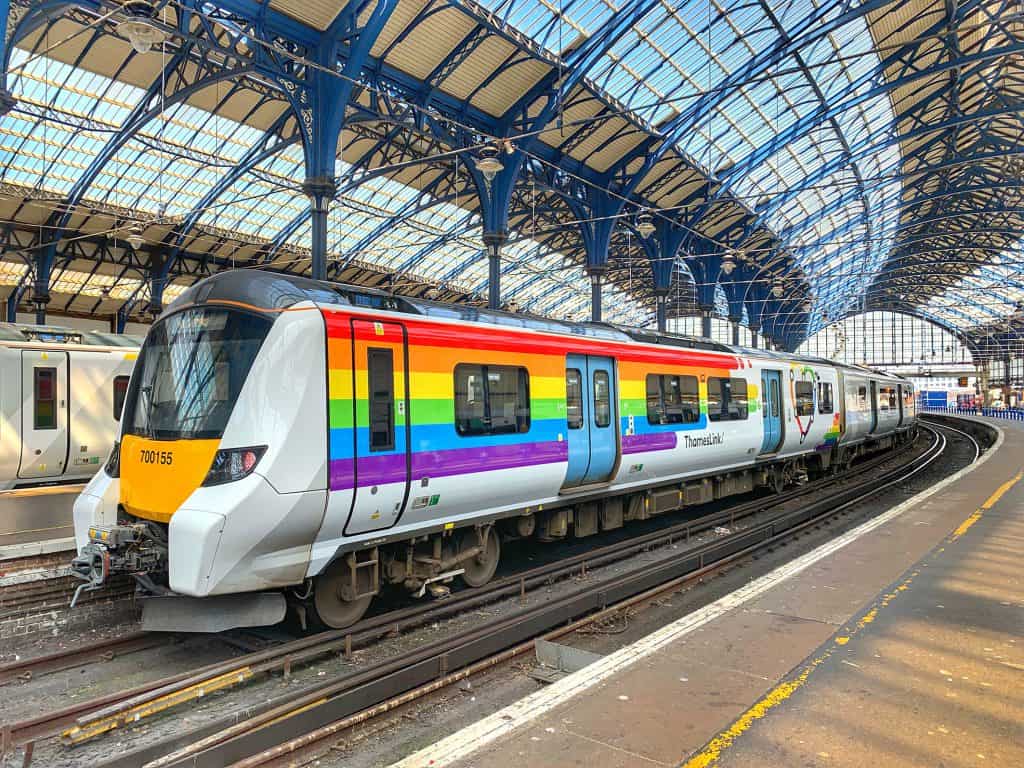 Thameslink Pride rainbow train at Brighton station