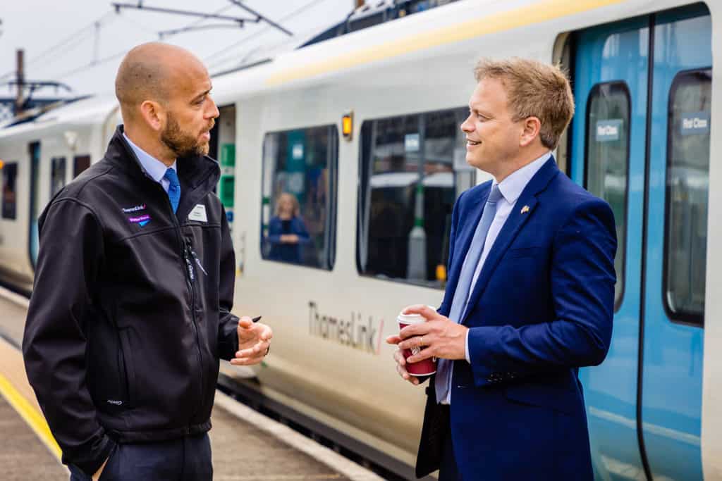Thameslink & Great Northern Railways Managing Director Tom Moran speaks with Secretary of State for Transport Grant Shapps MP at Welwyn Garden City railway station in front of one of the new services.