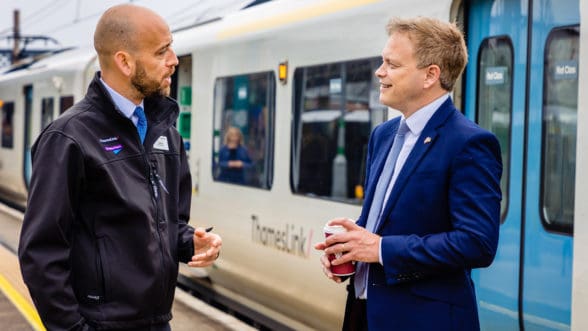 Thameslink & Great Northern Railways Managing Director Tom Moran speaks with Secretary of State for Transport Grant Shapps MP at Welwyn Garden City railway station in front of one of the new services.